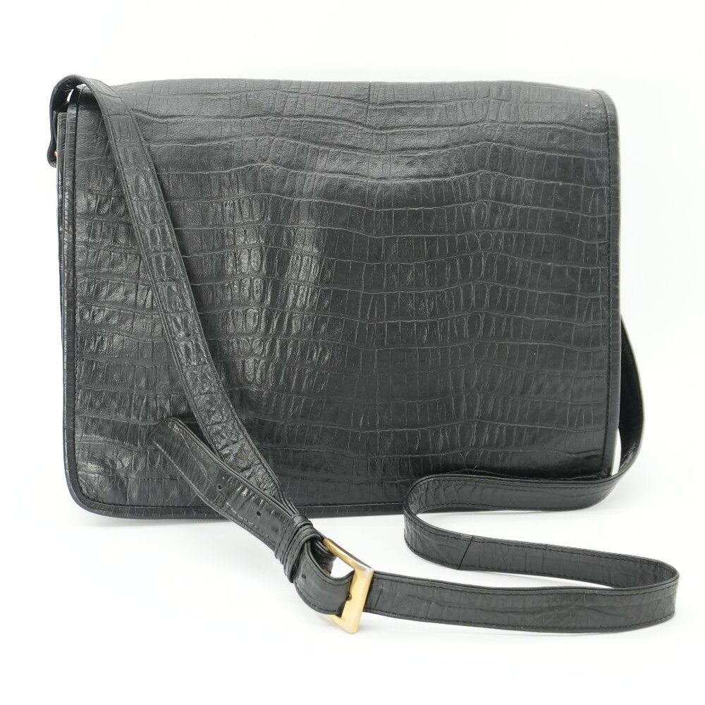 Vintage 90s Black Leather Bag School Office Travel Laptop Crossbody Satchel